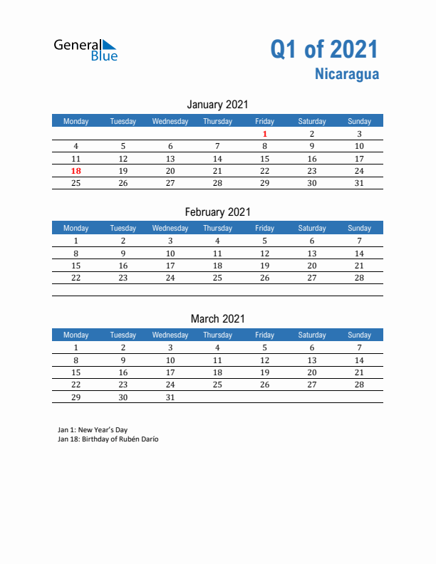 Nicaragua Q1 2021 Quarterly Calendar with Monday Start