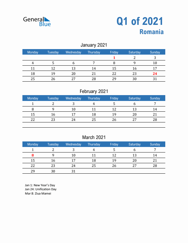 Romania Q1 2021 Quarterly Calendar with Monday Start