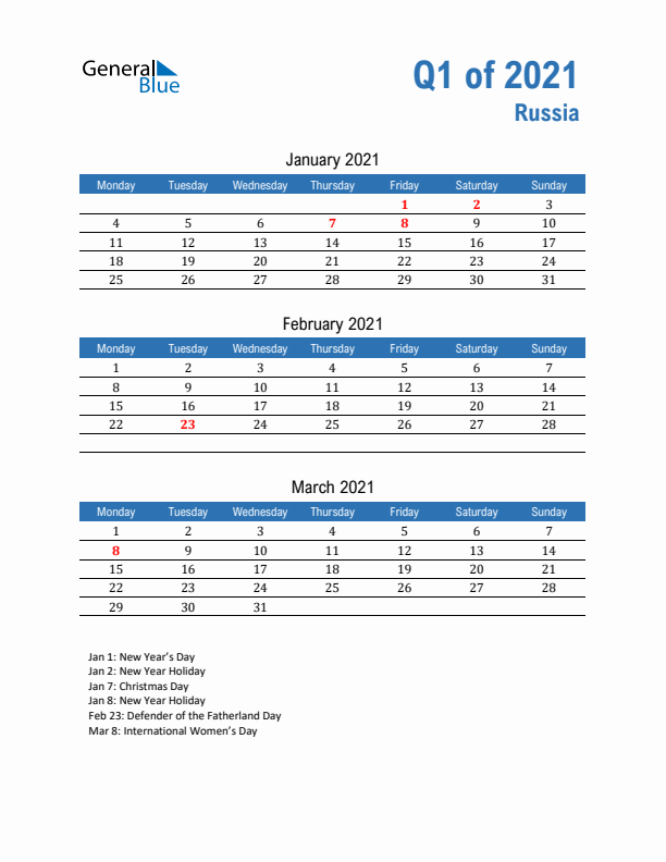 Russia Q1 2021 Quarterly Calendar with Monday Start