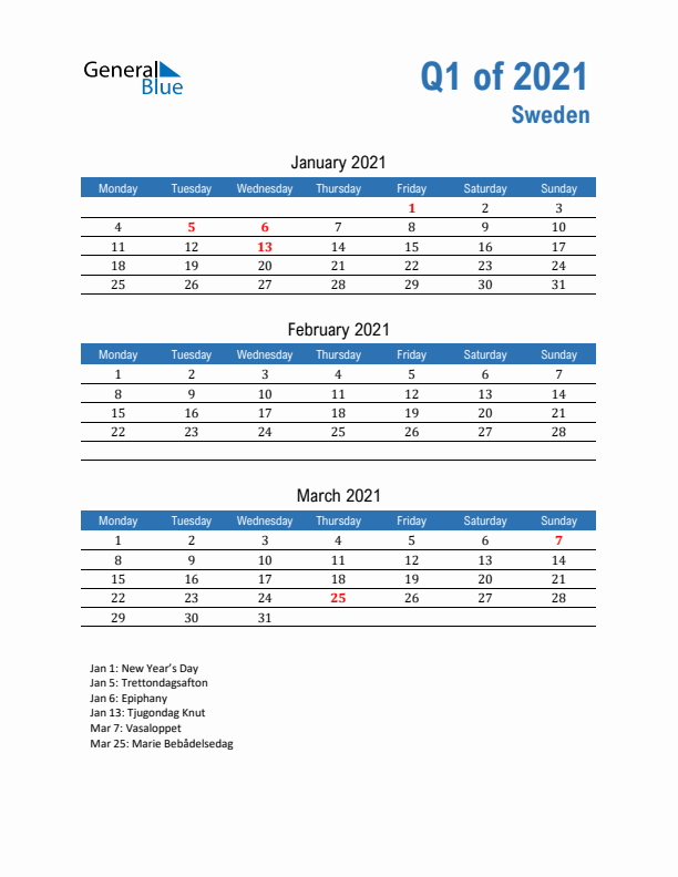 Sweden Q1 2021 Quarterly Calendar with Monday Start