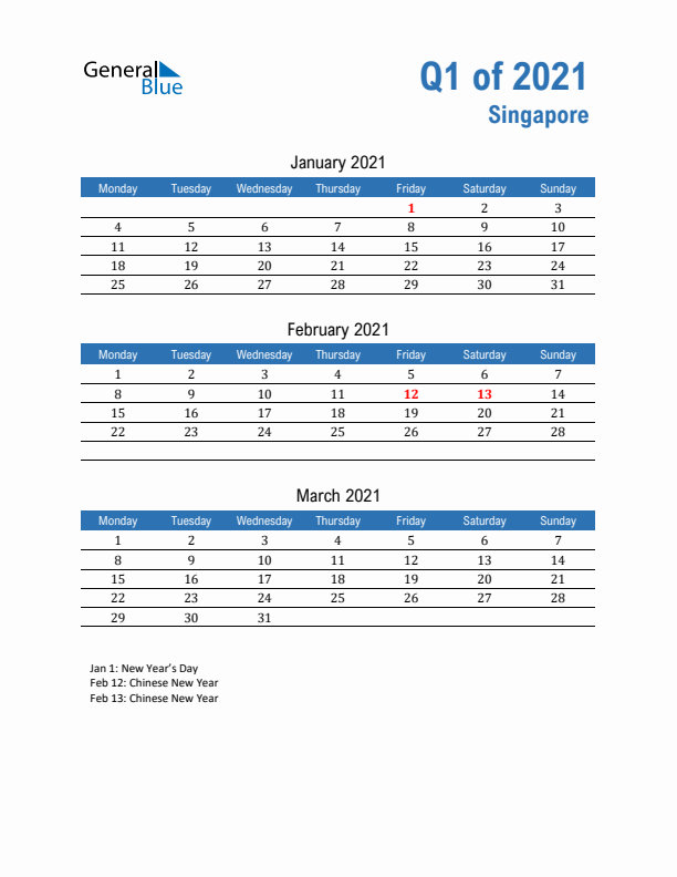 Singapore Q1 2021 Quarterly Calendar with Monday Start