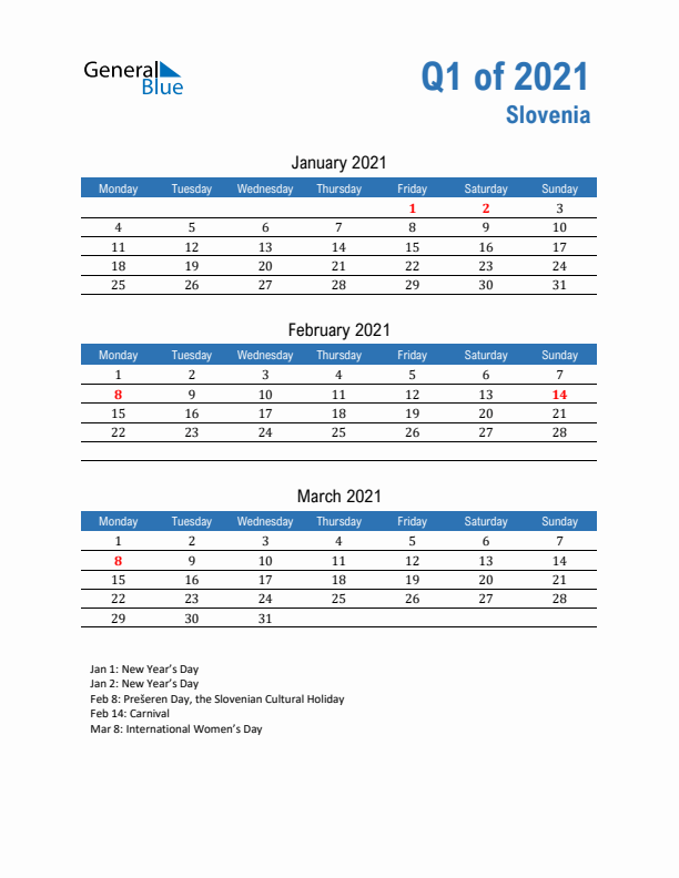 Slovenia Q1 2021 Quarterly Calendar with Monday Start