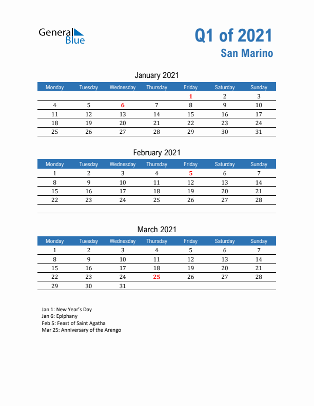 San Marino Q1 2021 Quarterly Calendar with Monday Start