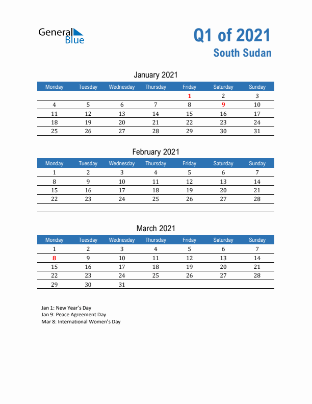 South Sudan Q1 2021 Quarterly Calendar with Monday Start