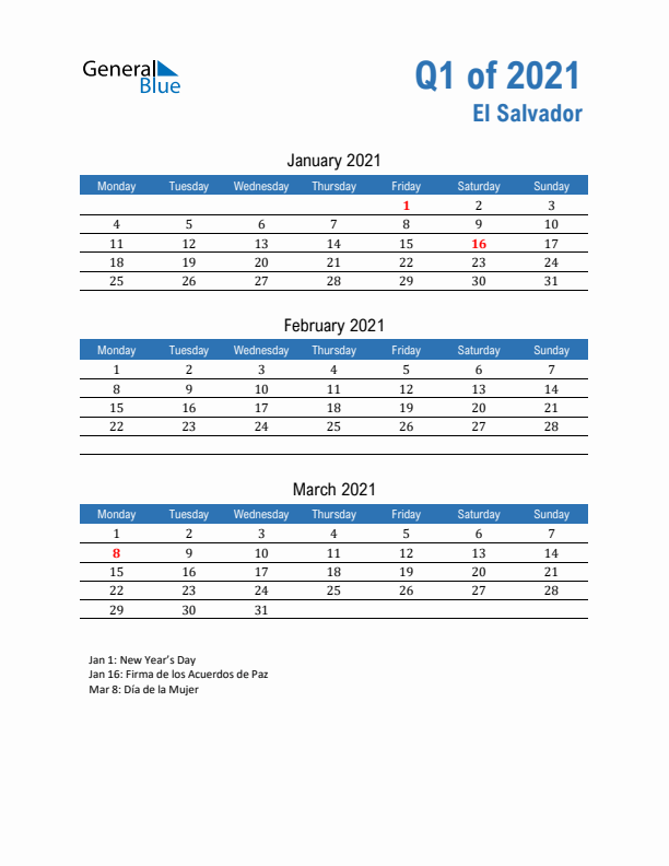 El Salvador Q1 2021 Quarterly Calendar with Monday Start