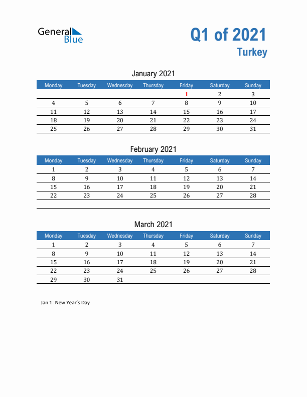 Turkey Q1 2021 Quarterly Calendar with Monday Start