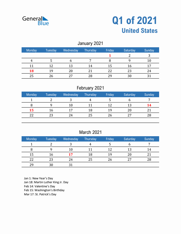 United States Q1 2021 Quarterly Calendar with Monday Start