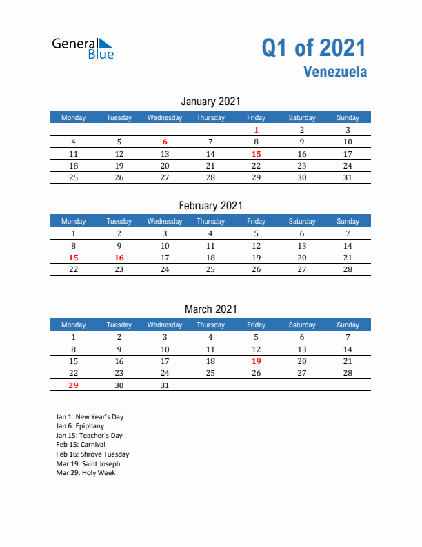 Venezuela Q1 2021 Quarterly Calendar with Monday Start