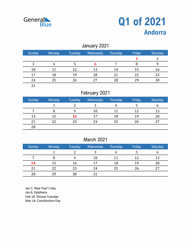 Andorra Q1 2021 Quarterly Calendar with Sunday Start