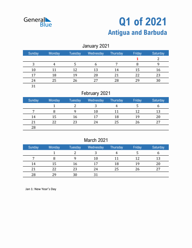 Antigua and Barbuda Q1 2021 Quarterly Calendar with Sunday Start