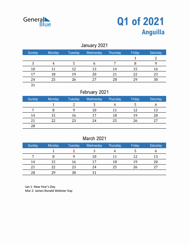 Anguilla Q1 2021 Quarterly Calendar with Sunday Start