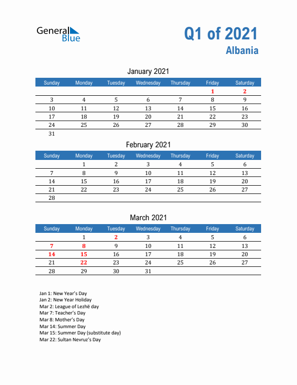 Albania Q1 2021 Quarterly Calendar with Sunday Start