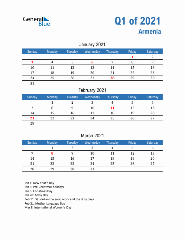 Armenia Q1 2021 Quarterly Calendar with Sunday Start