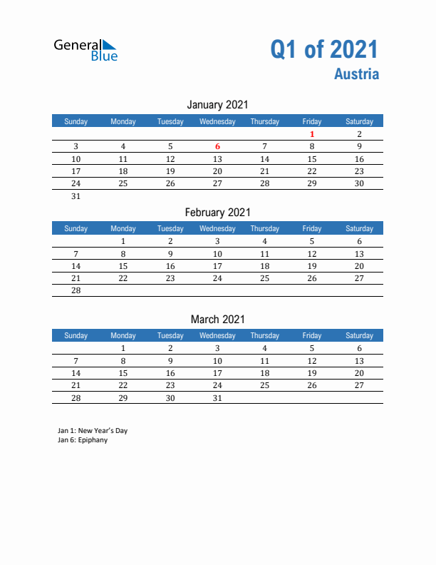 Austria Q1 2021 Quarterly Calendar with Sunday Start