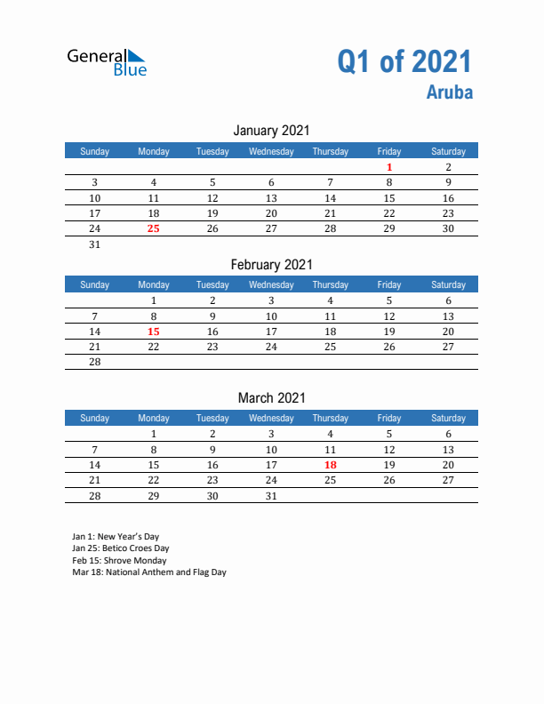 Aruba Q1 2021 Quarterly Calendar with Sunday Start