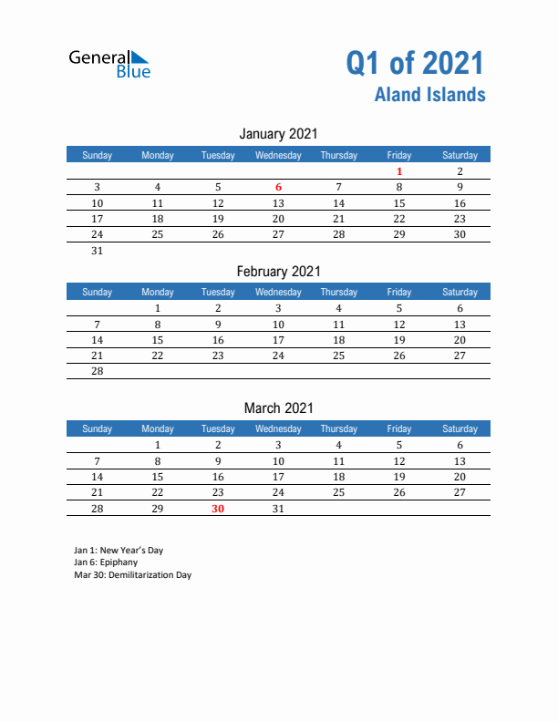 Aland Islands Q1 2021 Quarterly Calendar with Sunday Start