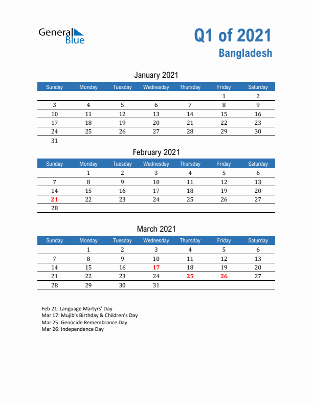 Bangladesh Q1 2021 Quarterly Calendar with Sunday Start