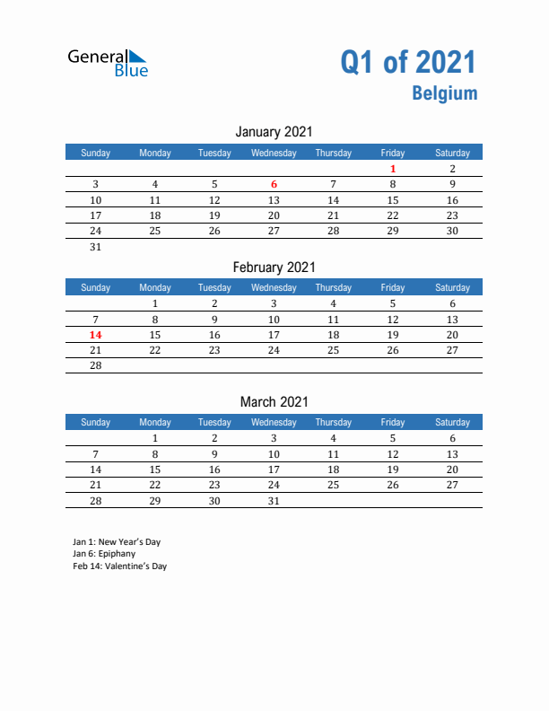 Belgium Q1 2021 Quarterly Calendar with Sunday Start