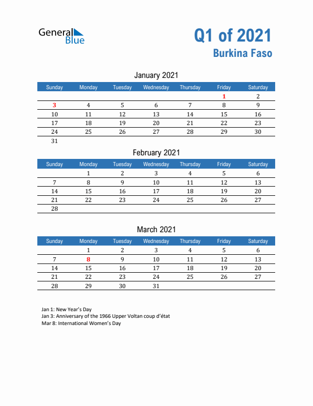 Burkina Faso Q1 2021 Quarterly Calendar with Sunday Start