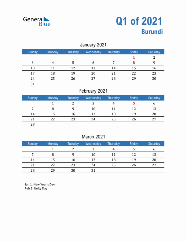 Burundi Q1 2021 Quarterly Calendar with Sunday Start