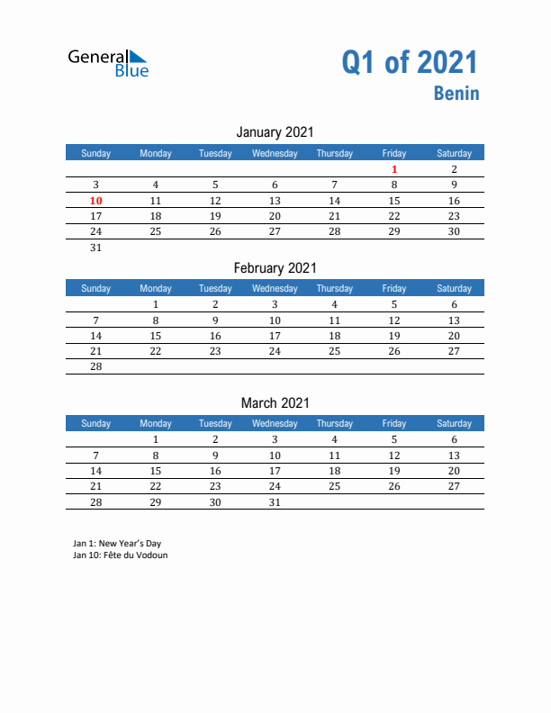 Benin Q1 2021 Quarterly Calendar with Sunday Start