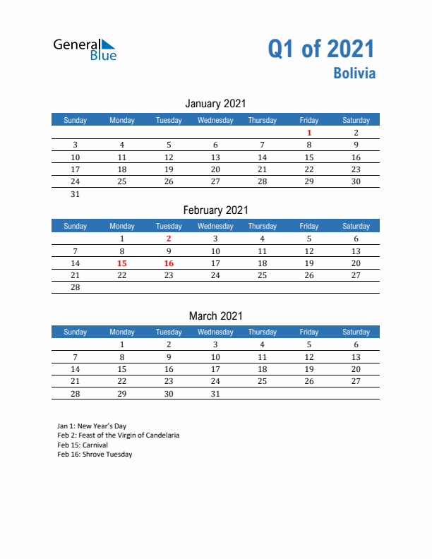 Bolivia Q1 2021 Quarterly Calendar with Sunday Start