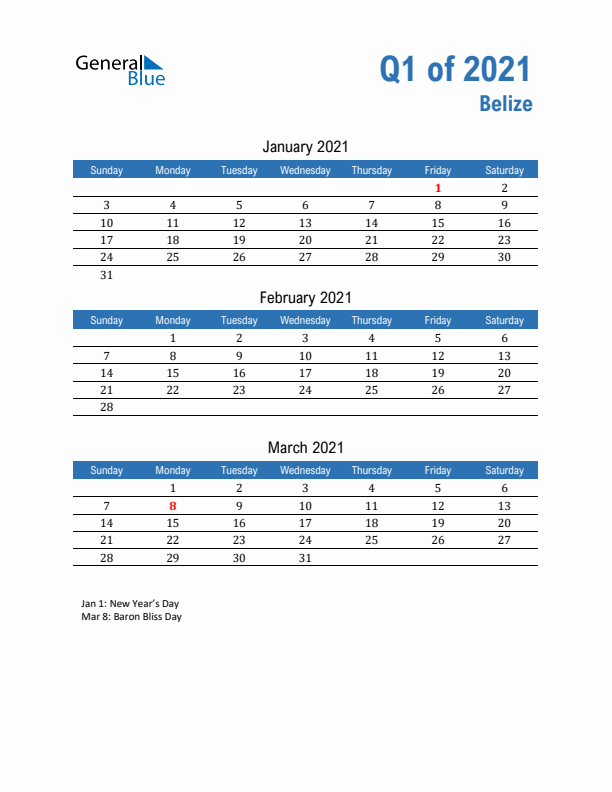 Belize Q1 2021 Quarterly Calendar with Sunday Start