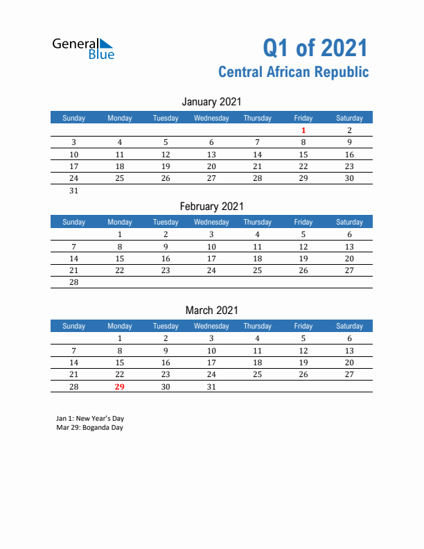 Central African Republic Q1 2021 Quarterly Calendar with Sunday Start