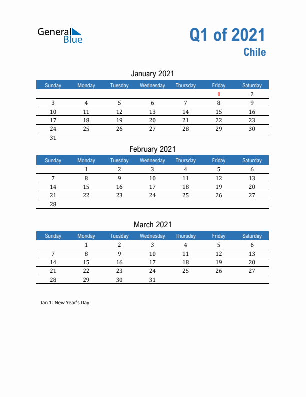 Chile Q1 2021 Quarterly Calendar with Sunday Start