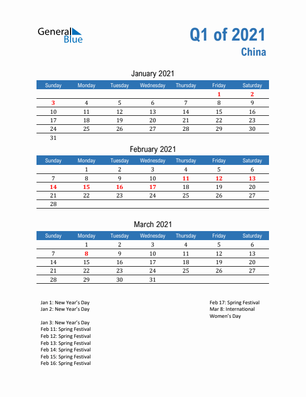 China Q1 2021 Quarterly Calendar with Sunday Start