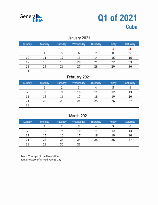 Cuba Q1 2021 Quarterly Calendar with Sunday Start