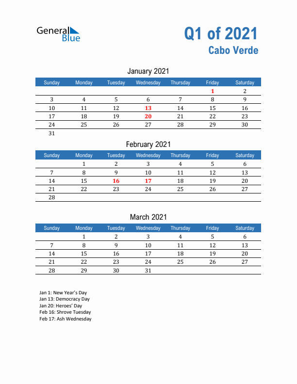 Cabo Verde Q1 2021 Quarterly Calendar with Sunday Start