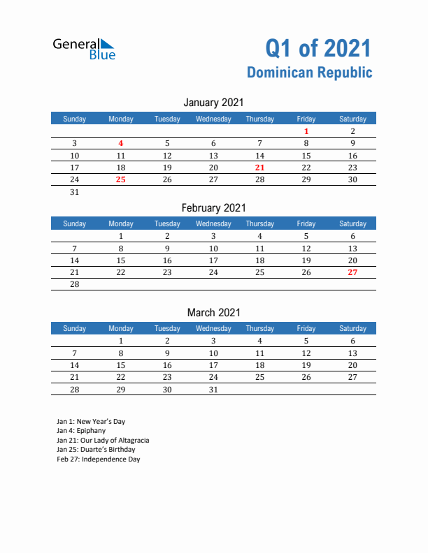 Dominican Republic Q1 2021 Quarterly Calendar with Sunday Start