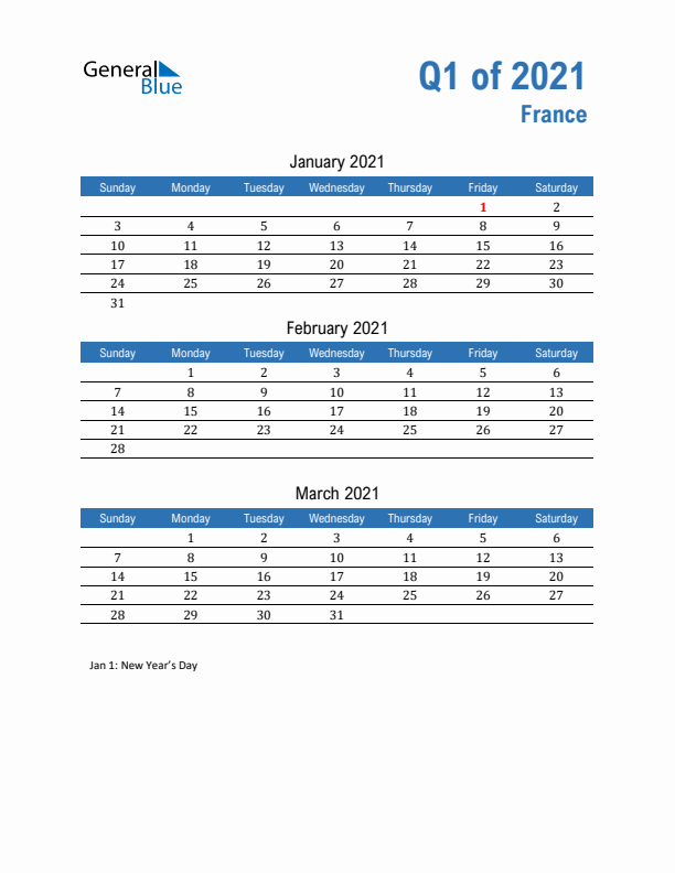 France Q1 2021 Quarterly Calendar with Sunday Start