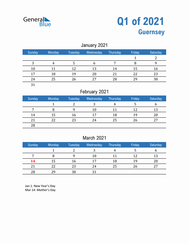 Guernsey Q1 2021 Quarterly Calendar with Sunday Start