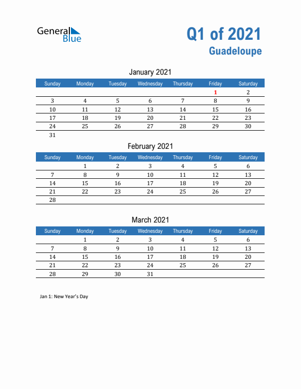 Guadeloupe Q1 2021 Quarterly Calendar with Sunday Start