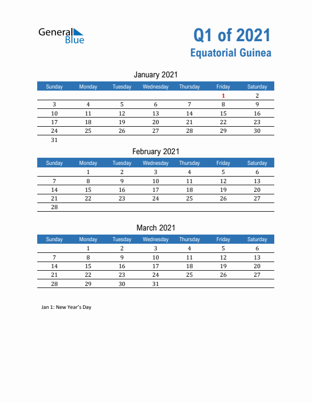 Equatorial Guinea Q1 2021 Quarterly Calendar with Sunday Start