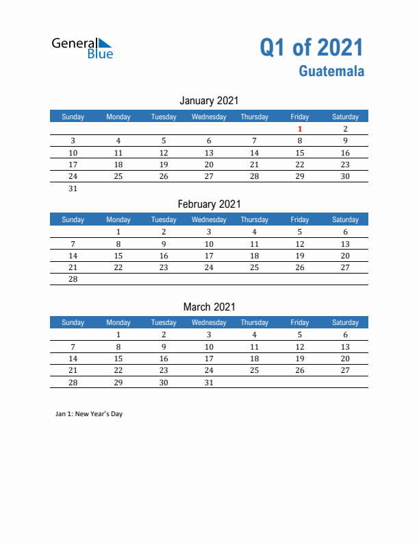 Guatemala Q1 2021 Quarterly Calendar with Sunday Start