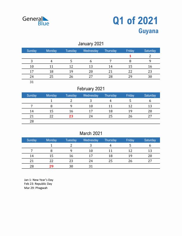 Guyana Q1 2021 Quarterly Calendar with Sunday Start