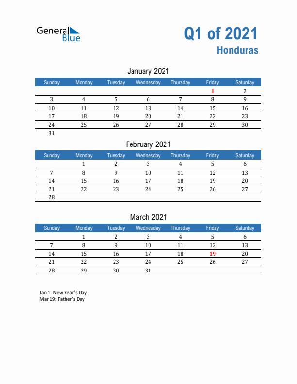 Honduras Q1 2021 Quarterly Calendar with Sunday Start