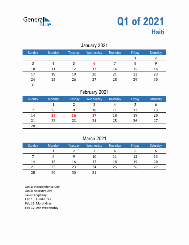 Haiti Q1 2021 Quarterly Calendar with Sunday Start