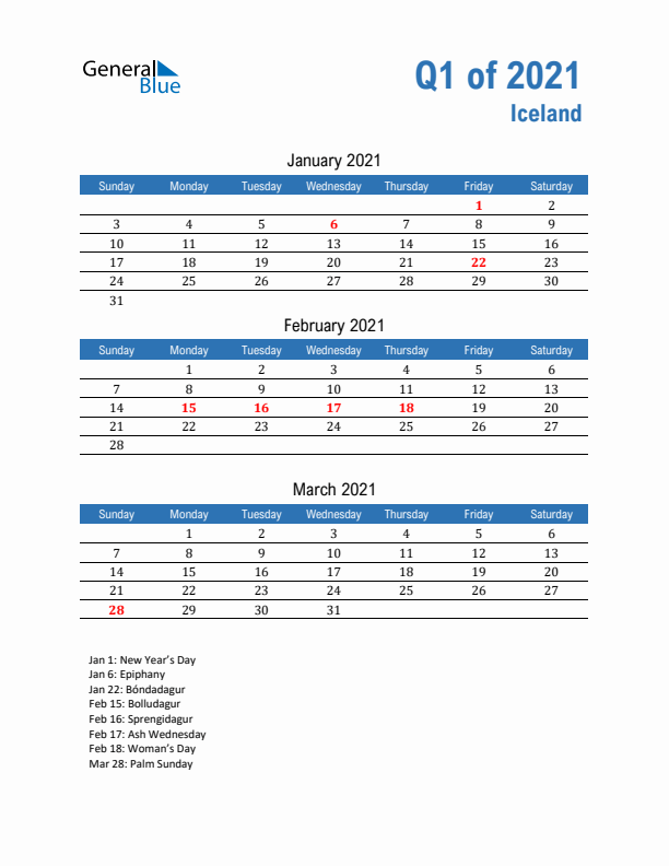 Iceland Q1 2021 Quarterly Calendar with Sunday Start