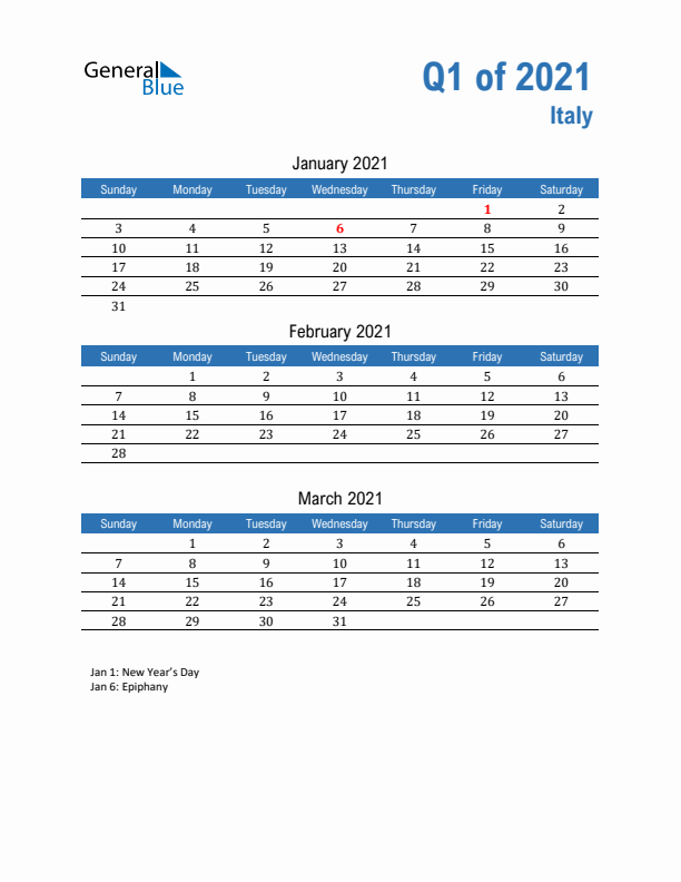 Italy Q1 2021 Quarterly Calendar with Sunday Start