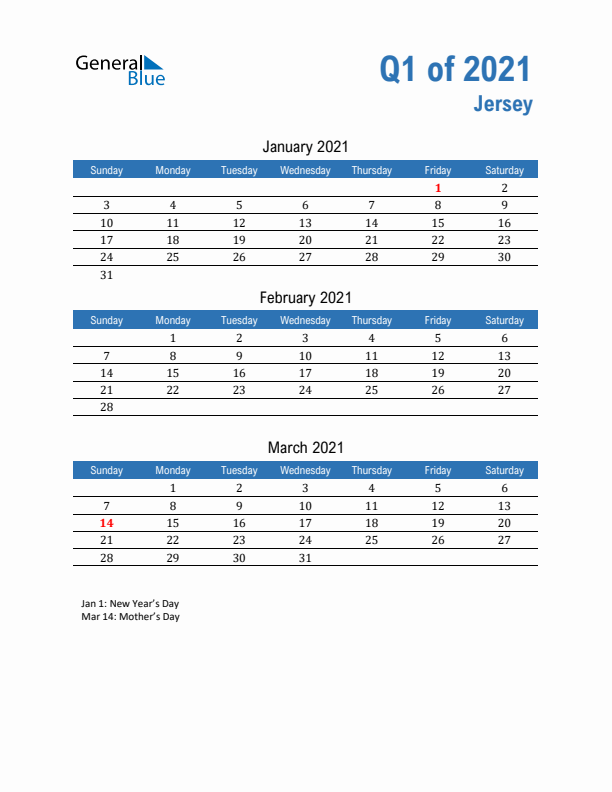 Jersey Q1 2021 Quarterly Calendar with Sunday Start