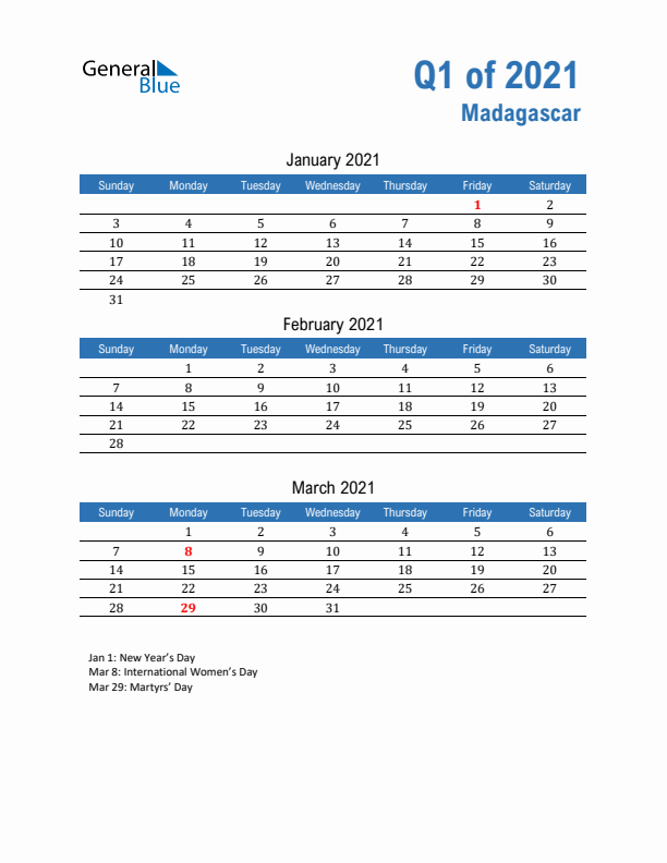 Madagascar Q1 2021 Quarterly Calendar with Sunday Start