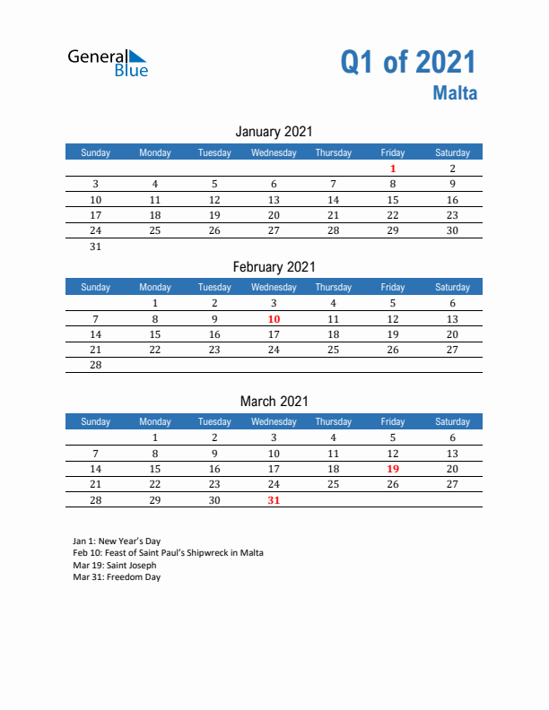 Malta Q1 2021 Quarterly Calendar with Sunday Start