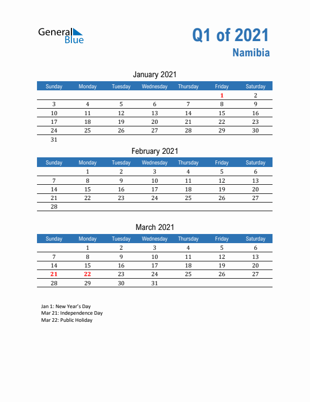 Namibia Q1 2021 Quarterly Calendar with Sunday Start