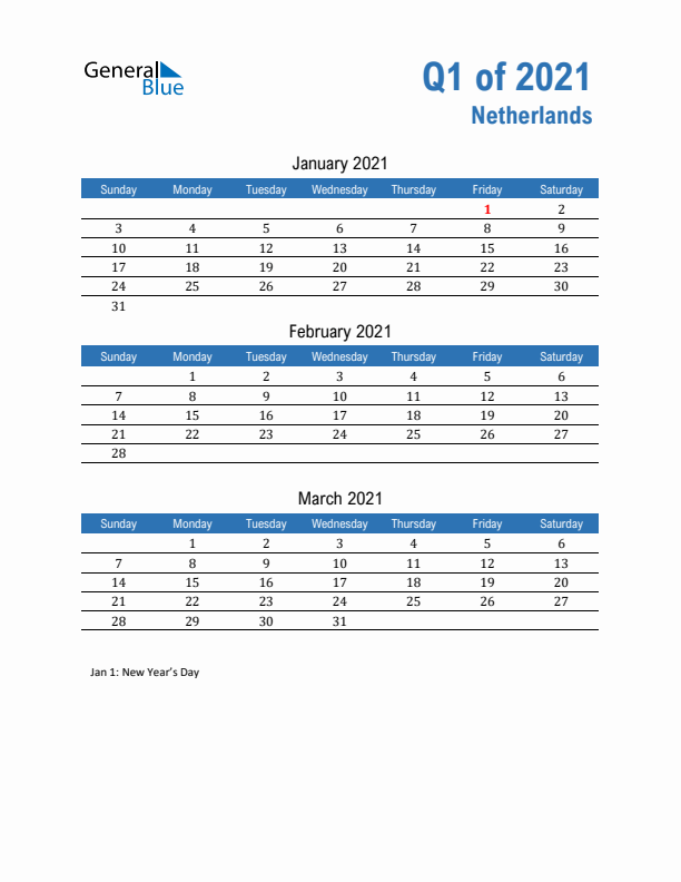 The Netherlands Q1 2021 Quarterly Calendar with Sunday Start