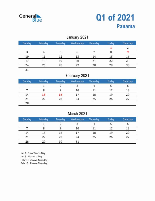 Panama Q1 2021 Quarterly Calendar with Sunday Start