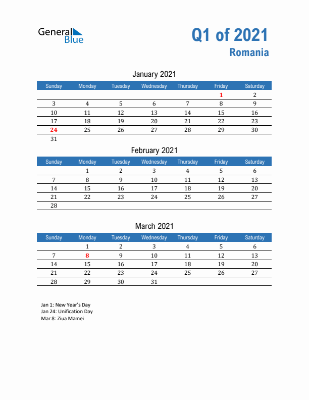 Romania Q1 2021 Quarterly Calendar with Sunday Start